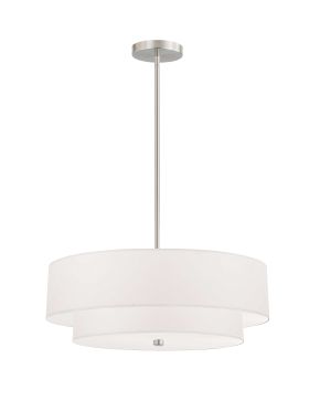 4 Light Incandescent 2 Tier Pendant, Satin Chrome with White Shade