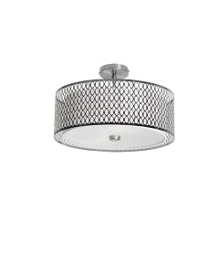 3 Light Semi Flush with Laser Cut Shade, Satin Chrome Finish, White Shade, Frosted Glass Diffuser