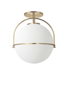 1 Light Incandescent Semi-Flush Aged Brass with White Opal Glass